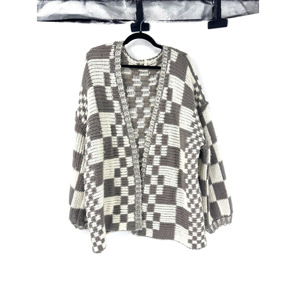 Shop Stevie Womens XL Checkerboard Knit Cardigan Grey Cream Oversized Sweater - Picture 4 of 6